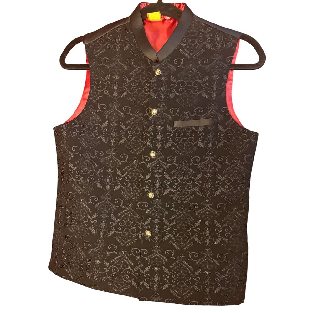Mens Black‎ Brocade Vest Size 26 Formal Waistcoat Pakistan